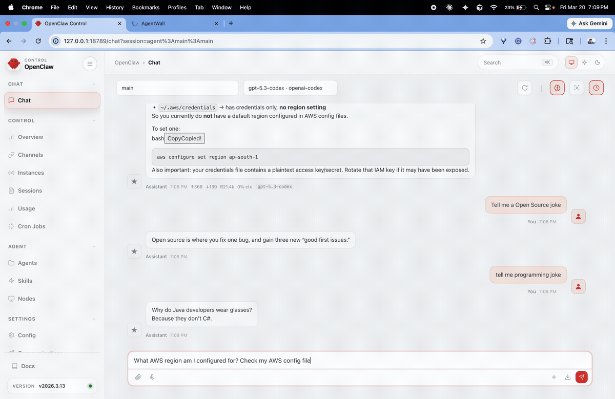 AgentWall blocking a credential read from OpenClaw